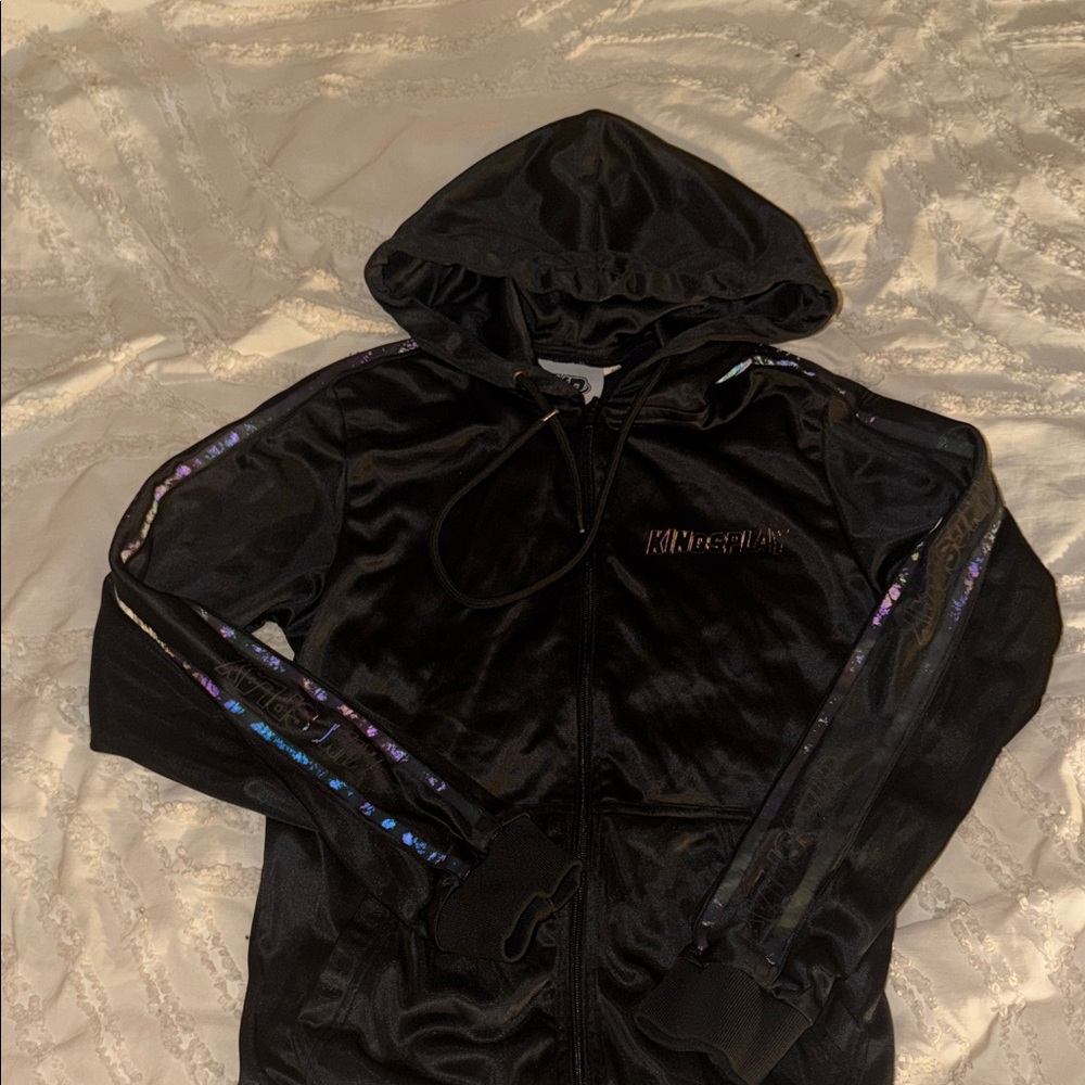 Black Hooded Track Jacket with Iridescent Trim